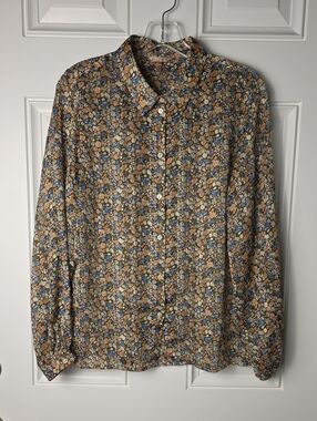 ESQUALO Brown, Blue, Cream Floral Blouse, Copper Color Metallic Thread. Size 8